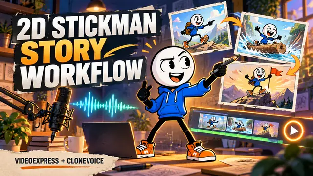 VideoExpress + CloneVoice Stickman Story Workflow cover